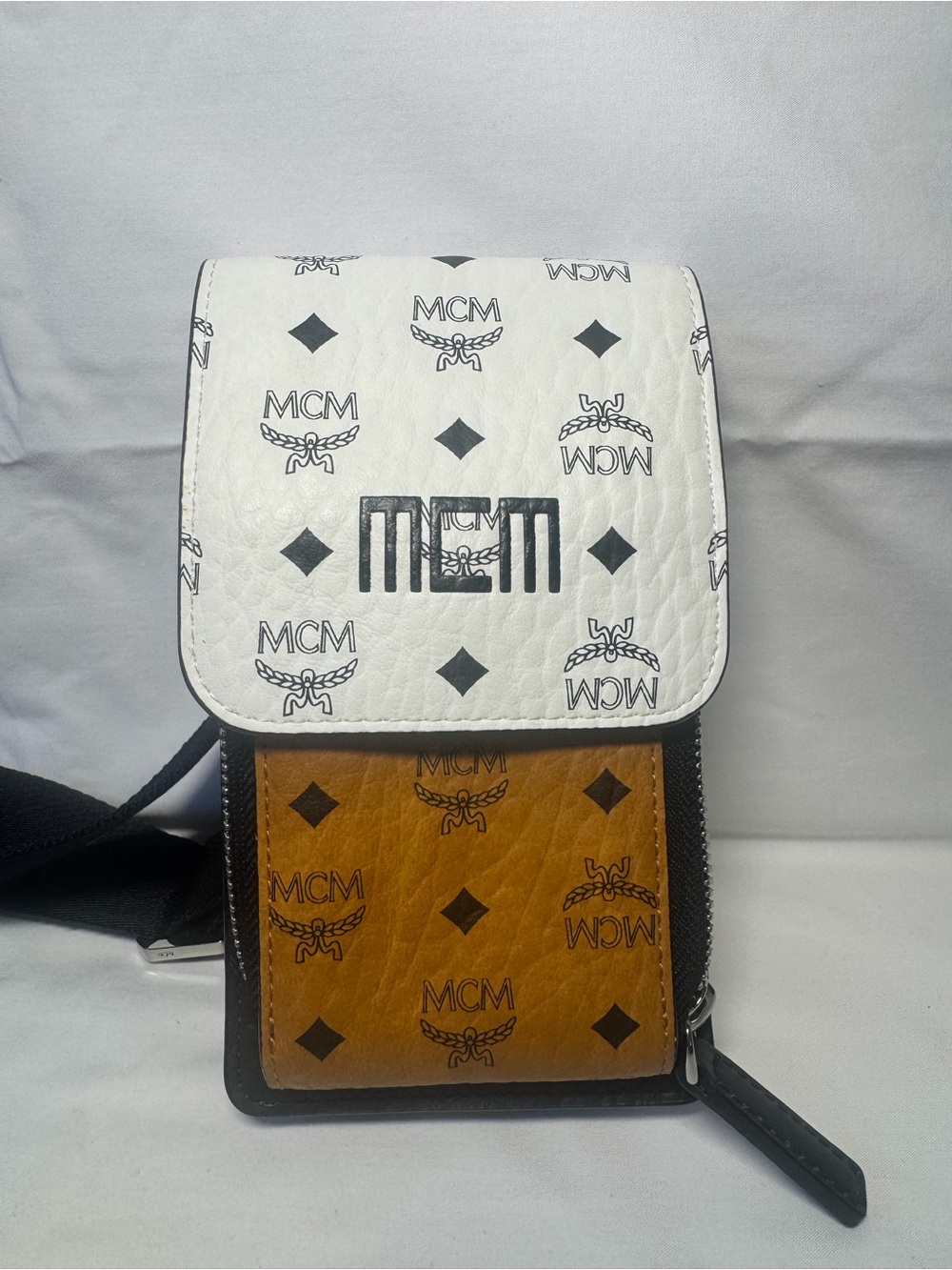MCM White & Cognac Two-Tone Logo Crossbody Pouch